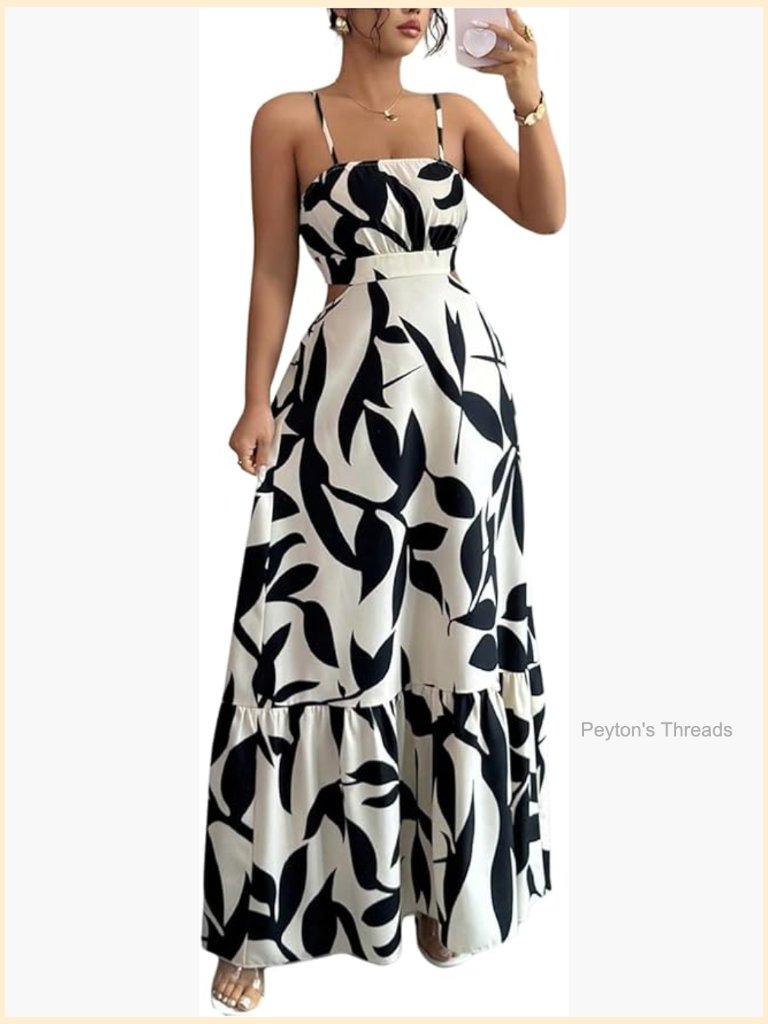 Cut Out Floral Print Tropical Maxi Cami Dress Ruffle Flowy Summer Vacation